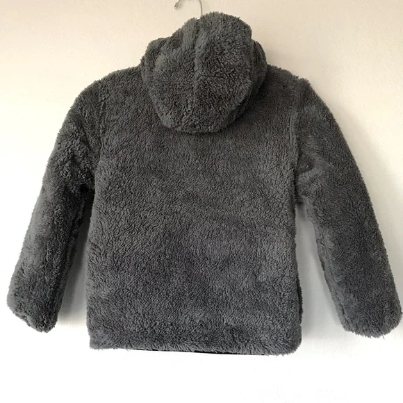 NWT Eddie Bauer Youth Boys Reversible Hooded Puffer Fleece Black Gray Jacket S
